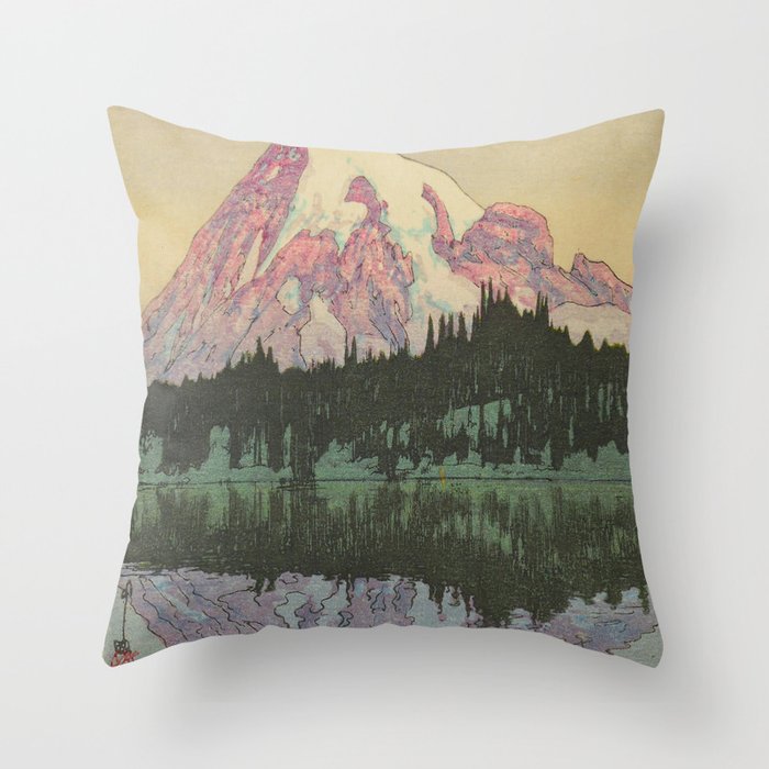 Hiroshi Yoshida Vintage Japanese Woodblock Print Reflection Lake Landscape Throw Pillow