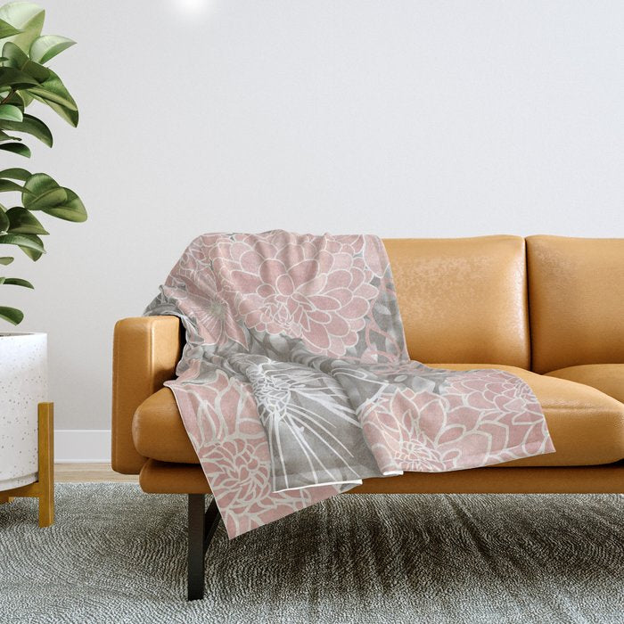 Floral Dahlias, Blush Pink, Gray, White Throw Blanket