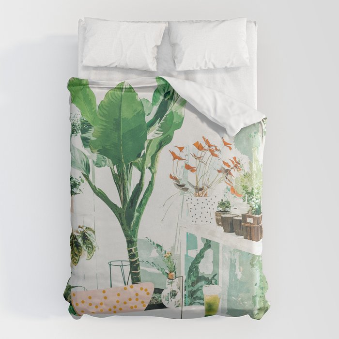 Junglow, Urban Jungle Botanical Home Decor, Tropical Plants Interior Design Plant Lady Painting Duvet Cover