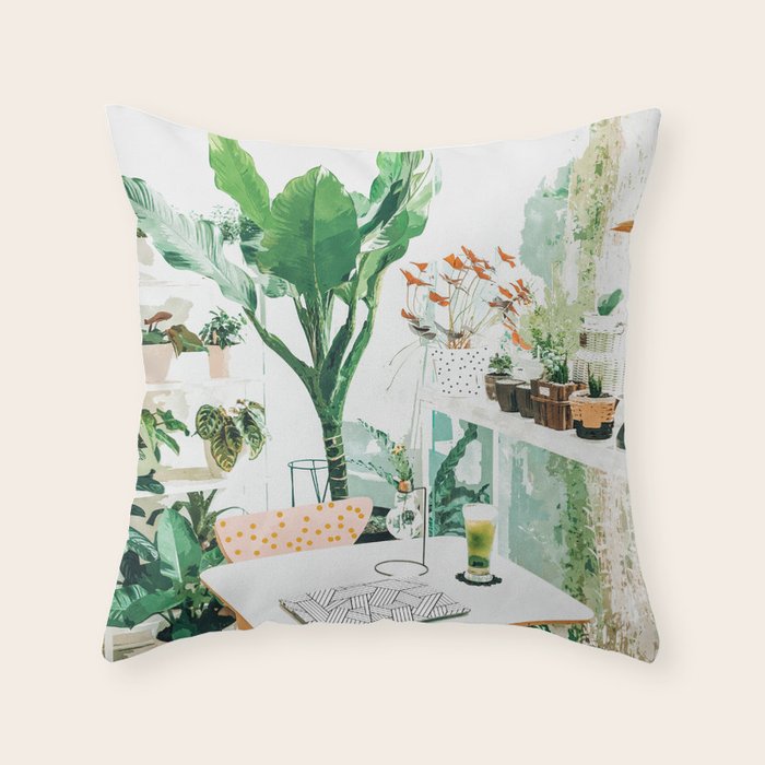 Junglow, Urban Jungle Botanical Home Decor, Tropical Plants Interior Design Plant Lady Painting Throw Pillow