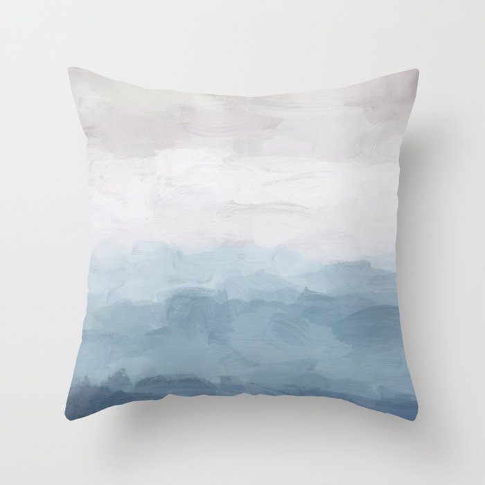 Misty Evening - White, Mauve, Navy Soft Blue Print Modern Wall Art Abstract Painting, Ocean Clouds Throw Pillow