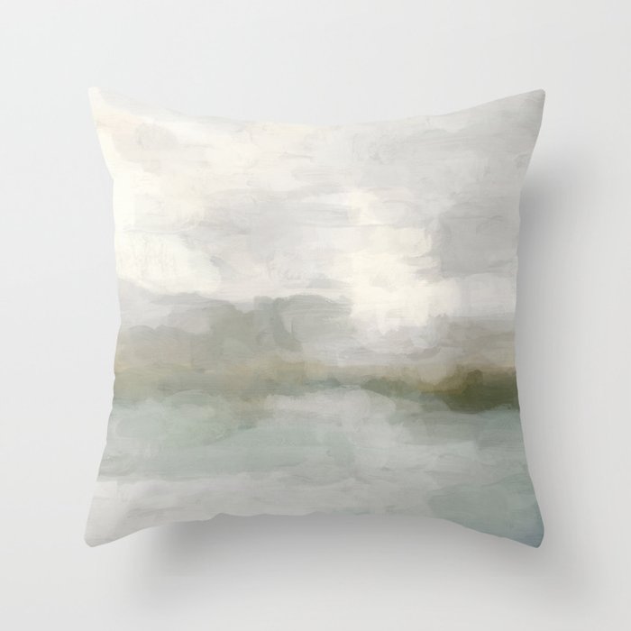 Break In The Weather Ii - Modern Abstract Painting, Light Teal, Sage Green Gray Cloudy Weather Ocean Throw Pillow