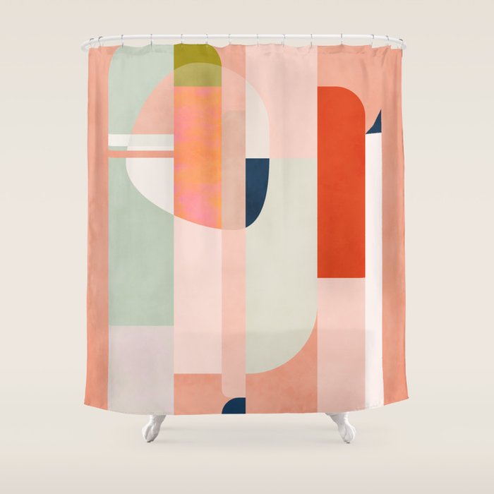 Shapes Modern Mid-Century Peach Pink Coral Mint Shower Curtain