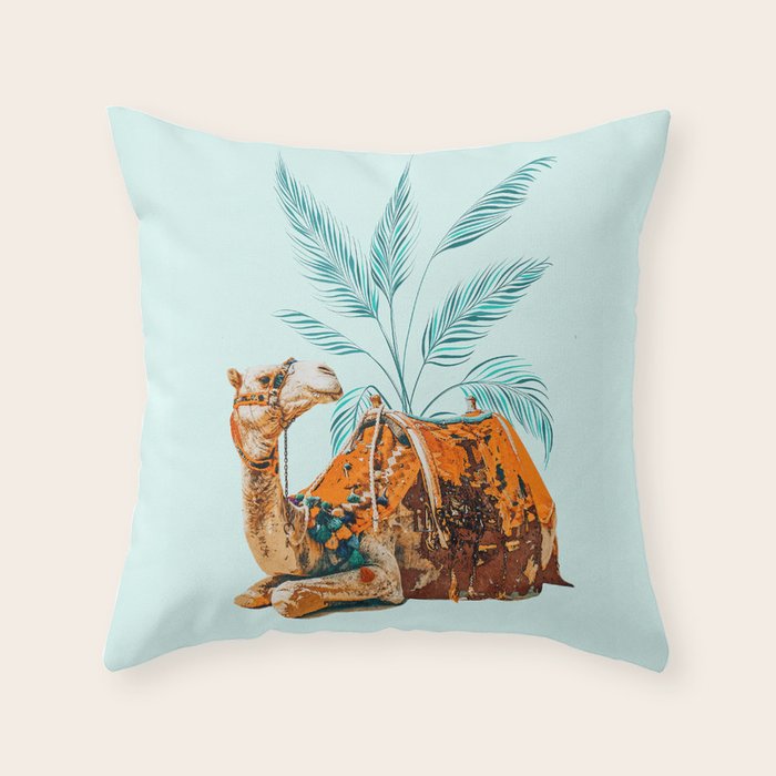 Camel Ride, Modern Bohemian Eclectic Animals, India Culture Travel Palm Desert Painting Throw Pillow