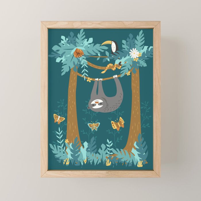 Sloth Hanging In A Teal Forest Mini Art Print