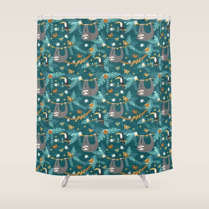 Sloth Hanging In A Teal Forest Shower Curtain