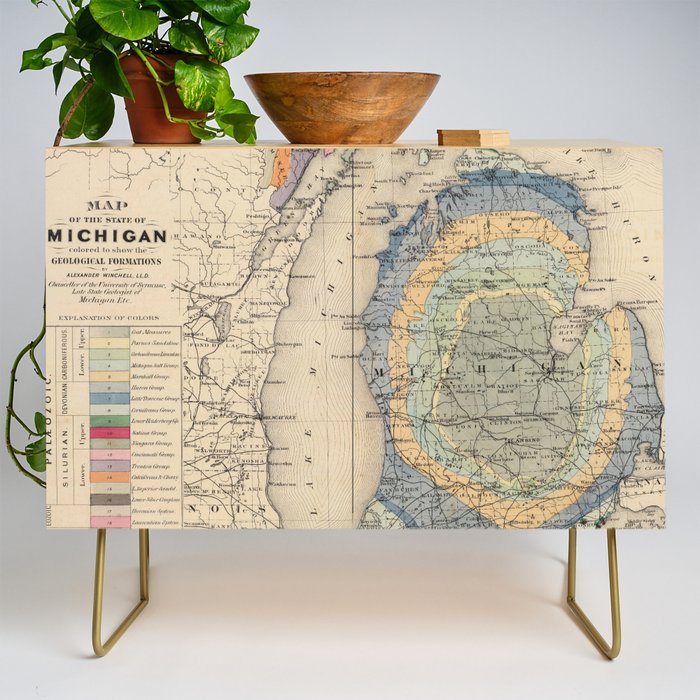 Vintage Michigan Geology Map (1873) Credenza