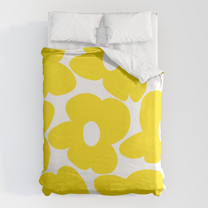 Large Yellow Retro Flowers On White Background #Decor #Homestorie #Buyart Duvet Cover