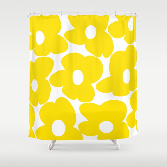 Large Yellow Retro Flowers On White Background #Decor #Homestorie #Buyart Shower Curtain