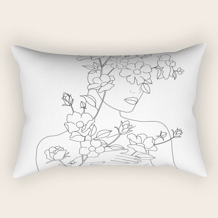 Minimal Line Art Woman With Wild Roses Rectangular Pillow