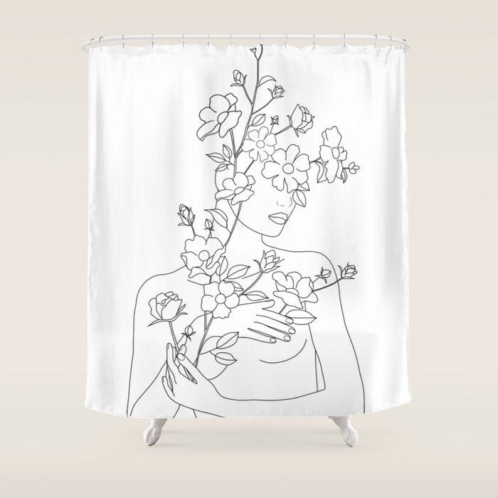 Minimal Line Art Woman With Wild Roses Shower Curtain