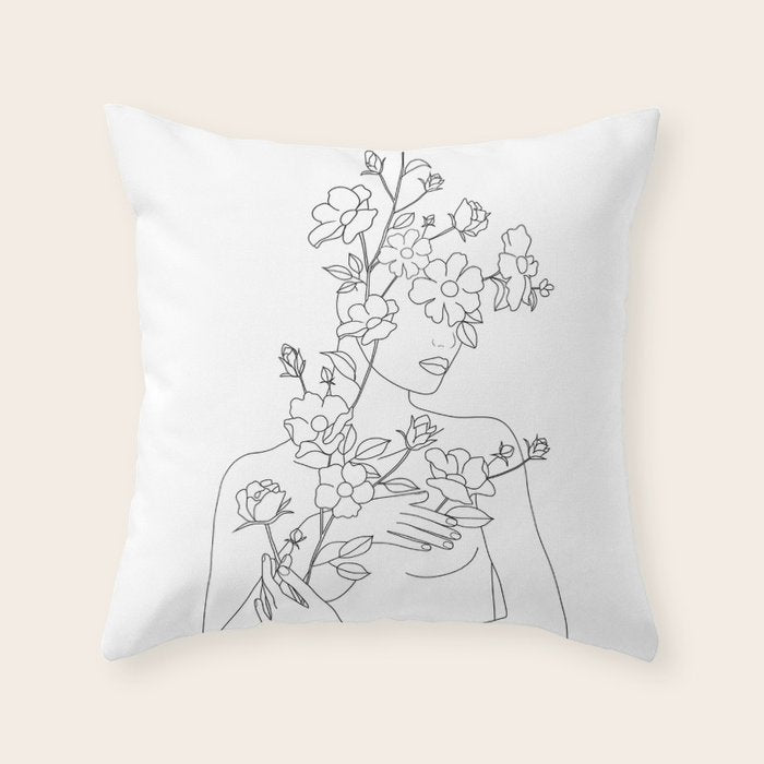 Minimal Line Art Woman With Wild Roses Throw Pillow