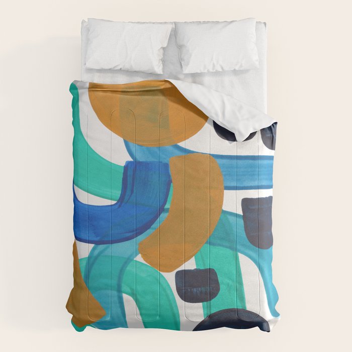 Minimalist Abstract Mid Century Modern Colorful Shapes Marine Green Teal Blue Yellow Pattern Comforter