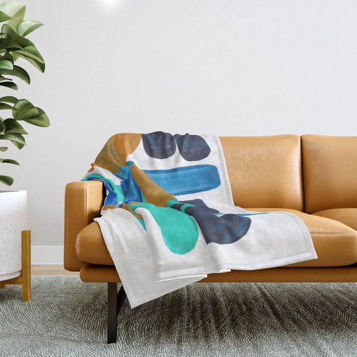Minimalist Abstract Mid Century Modern Colorful Shapes Marine Green Teal Blue Yellow Pattern Throw Blanket