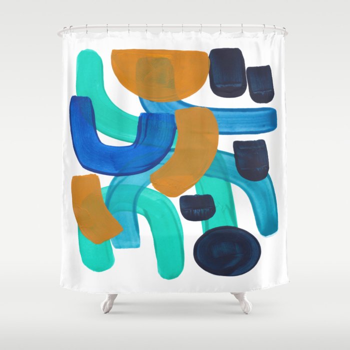 Minimalist Abstract Mid Century Modern Colorful Shapes Marine Green Teal Blue Yellow Pattern Shower Curtain