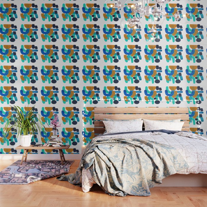 Minimalist Abstract Mid Century Modern Colorful Shapes Marine Green Teal Blue Yellow Pattern Wallpaper