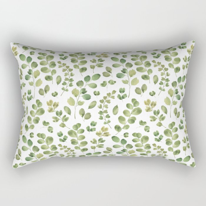 Watercolor Green Botanical Leaves Hand Painted Pattern Rectangular Pillow