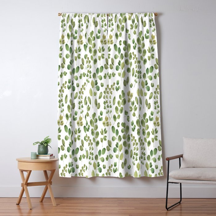 Watercolor Green Botanical Leaves Hand Painted Pattern Window Curtain