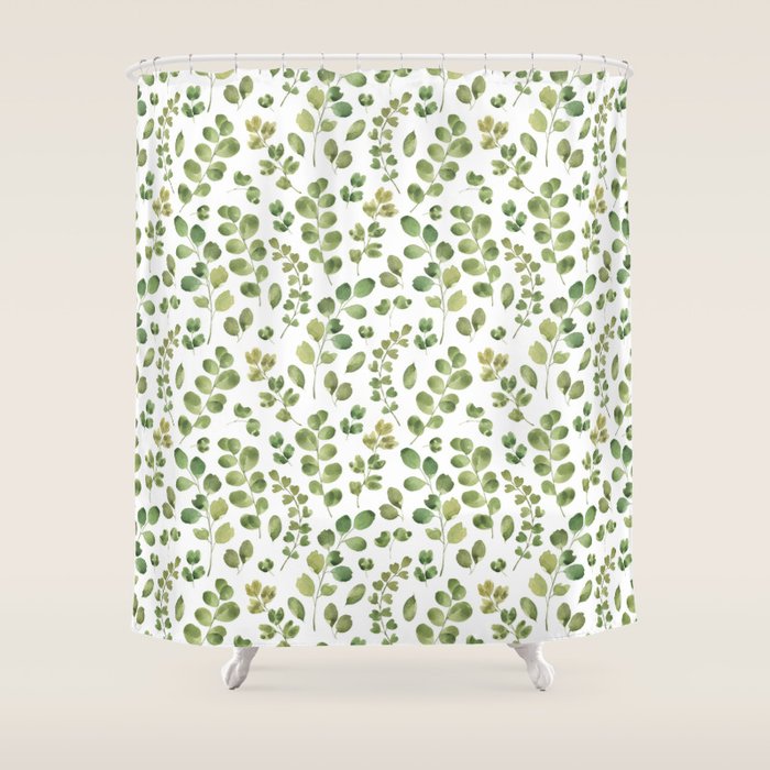 Watercolor Green Botanical Leaves Hand Painted Pattern Shower Curtain