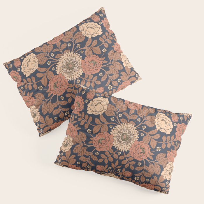 Peach, Dusty Rose, Mauve & Blue-Gray Floral Pattern Pillow Sham