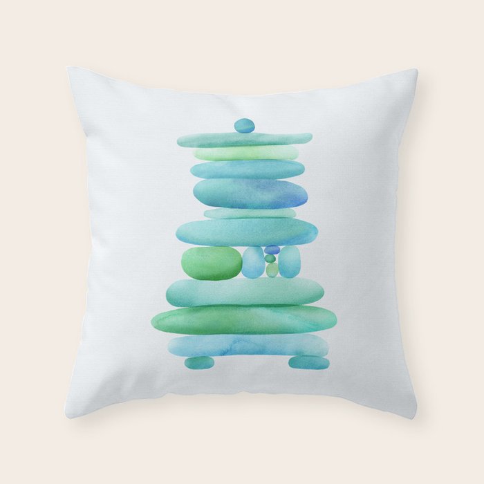 Sea Glass Cairn Watercolor - Teal And Blue Throw Pillow