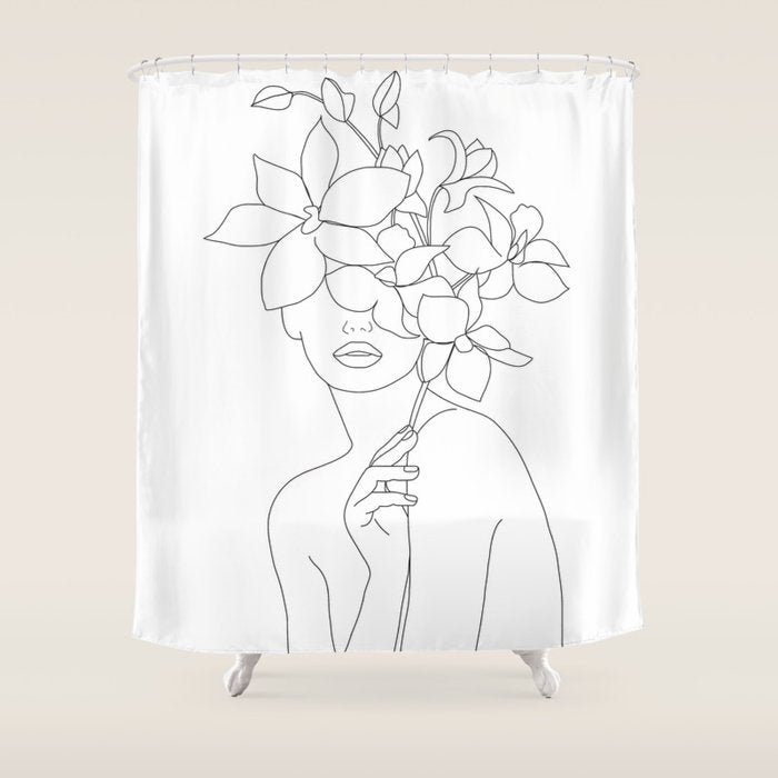 Minimal Line Art Woman With Orchids Shower Curtain