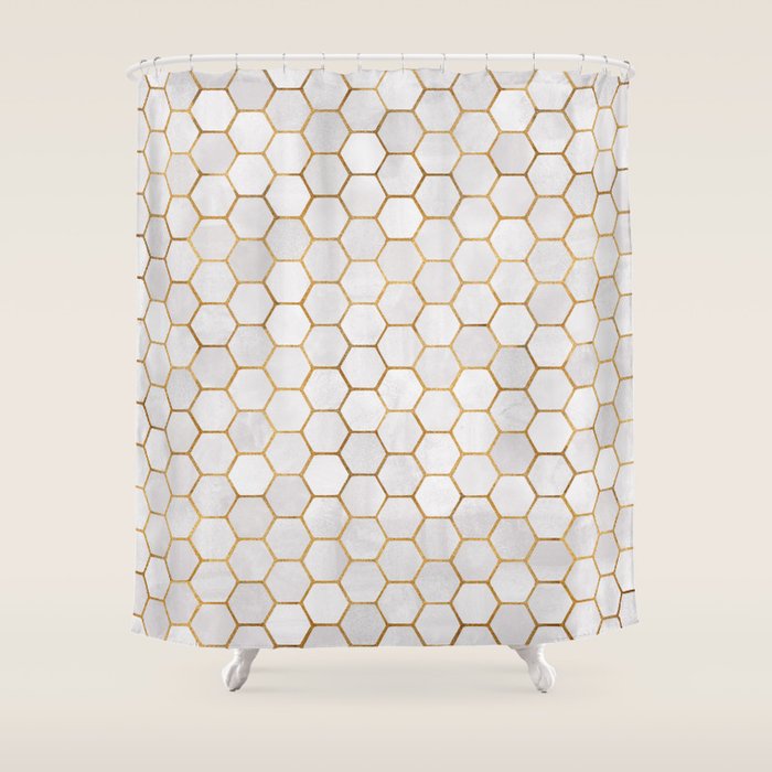 Neutral Geometric Hexagon Pattern Shower Curtain