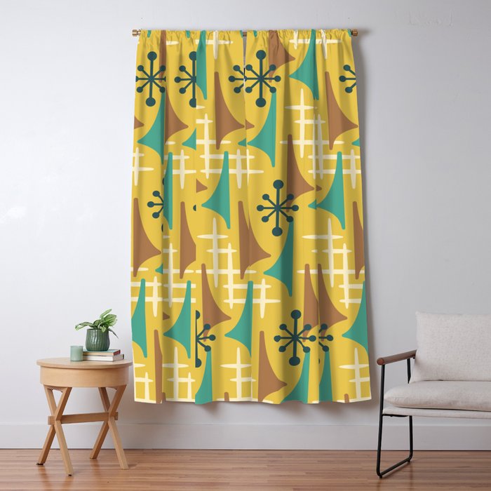 Mid Century Modern Atomic Wing Composition 55 Yellow Brown And Teal Window Curtain