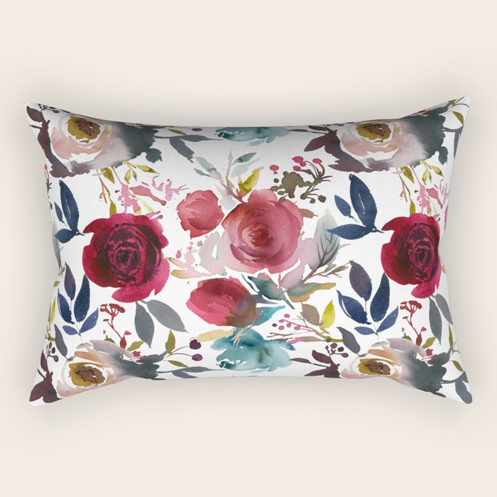 Hand Painted Burgundy Coral Teal Watercolor Botanical Roses Rectangular Pillow