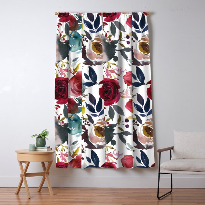 Hand Painted Burgundy Coral Teal Watercolor Botanical Roses Window Curtain