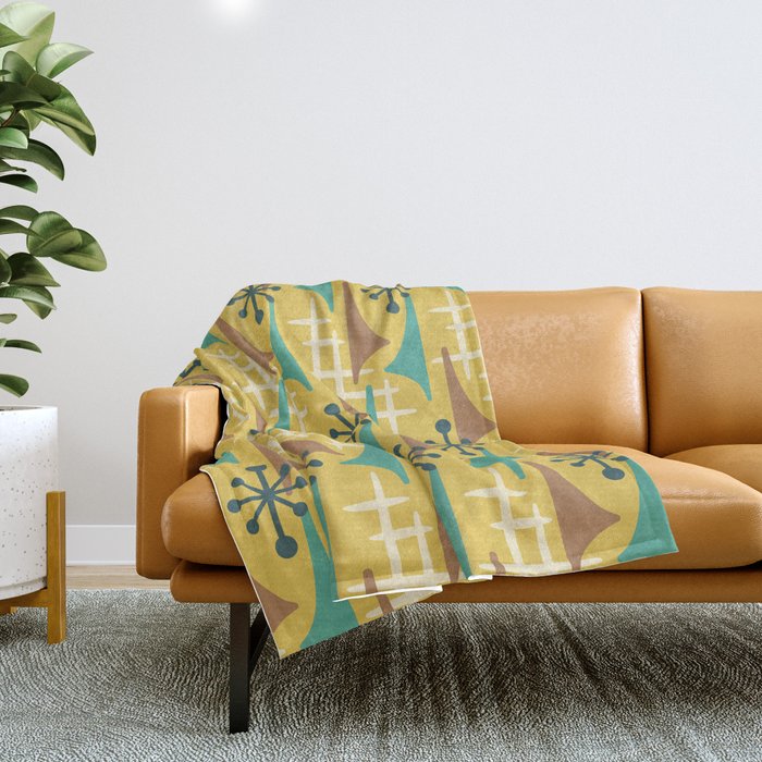 Mid Century Modern Atomic Wing Composition 55 Yellow Brown And Teal Throw Blanket