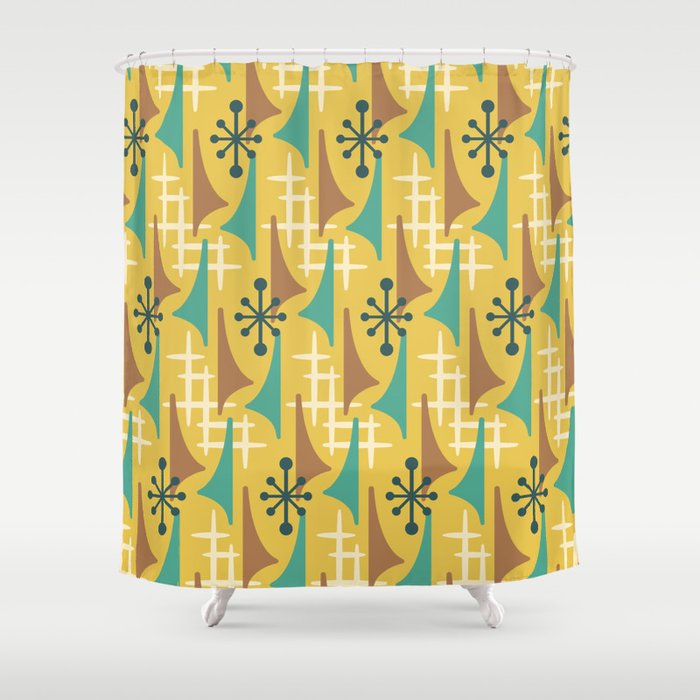 Mid Century Modern Atomic Wing Composition 55 Yellow Brown And Teal Shower Curtain