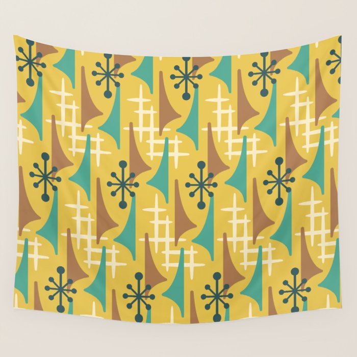 Mid Century Modern Atomic Wing Composition 55 Yellow Brown And Teal Wall Tapestry
