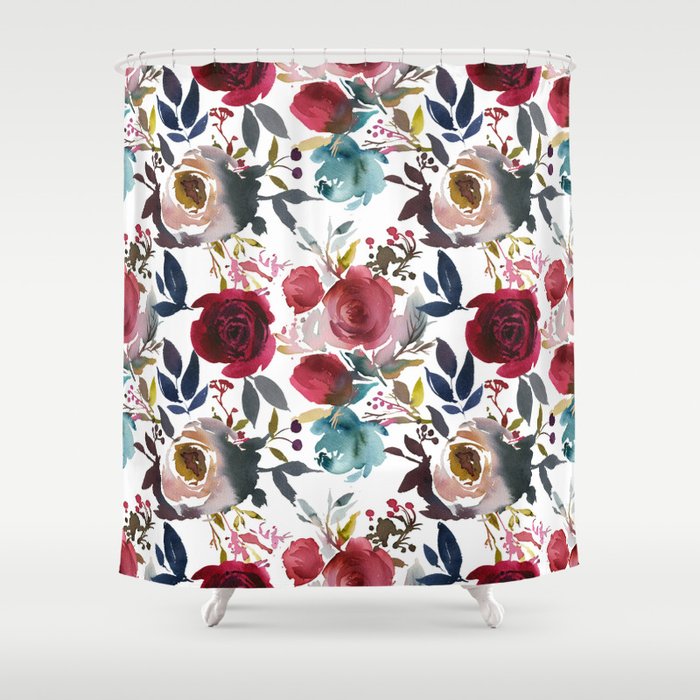 Hand Painted Burgundy Coral Teal Watercolor Botanical Roses Shower Curtain