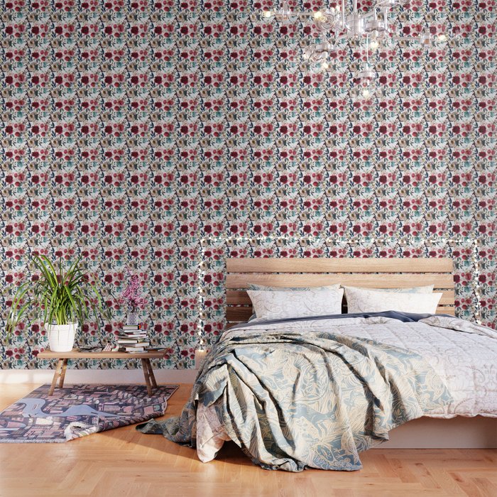 Hand Painted Burgundy Coral Teal Watercolor Botanical Roses Wallpaper