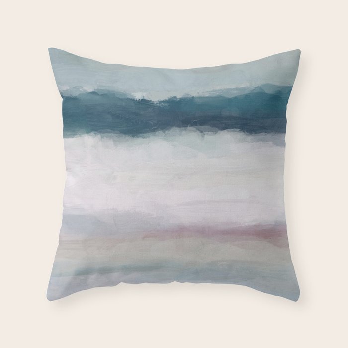 Lullaby Waves I - Dark Teal Blue White Pink Light Blue Modern Art, Ocean Waves Diptych Nursery Beach Throw Pillow