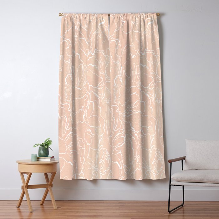 Modern Pink Coral White Hand Painted Watercolor Floral Window Curtain
