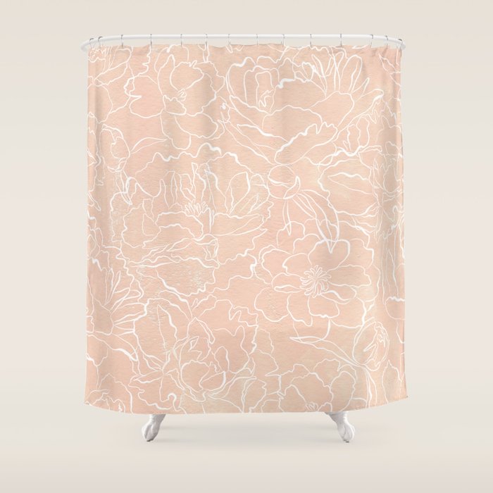 Modern Pink Coral White Hand Painted Watercolor Floral Shower Curtain