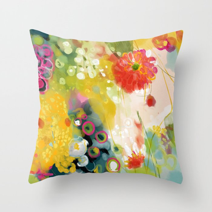 Abstract Floral Art In Yellow Green And Rose Magenta Colors Throw Pillow