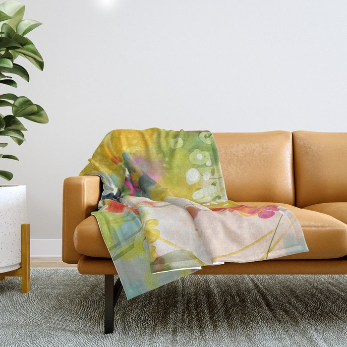 Abstract Floral Art In Yellow Green And Rose Magenta Colors Throw Blanket