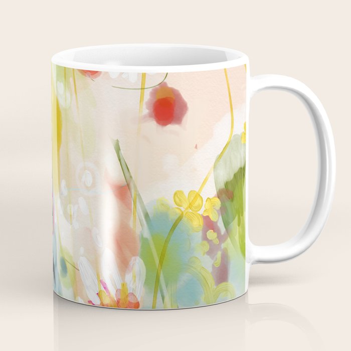 Abstract Floral Art In Yellow Green And Rose Magenta Colors Coffee Mug