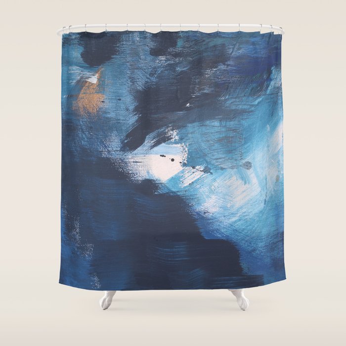 Ships In The Night: A Vibrant Abstract Mixed-Media Piece In Blues And Golds By Alyssa Hamilton Art Shower Curtain