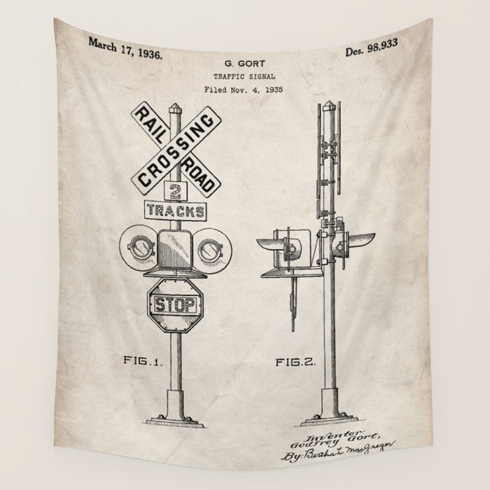Railroad Crossing Patent - Train Crossing Art - Antique Wall Tapestry