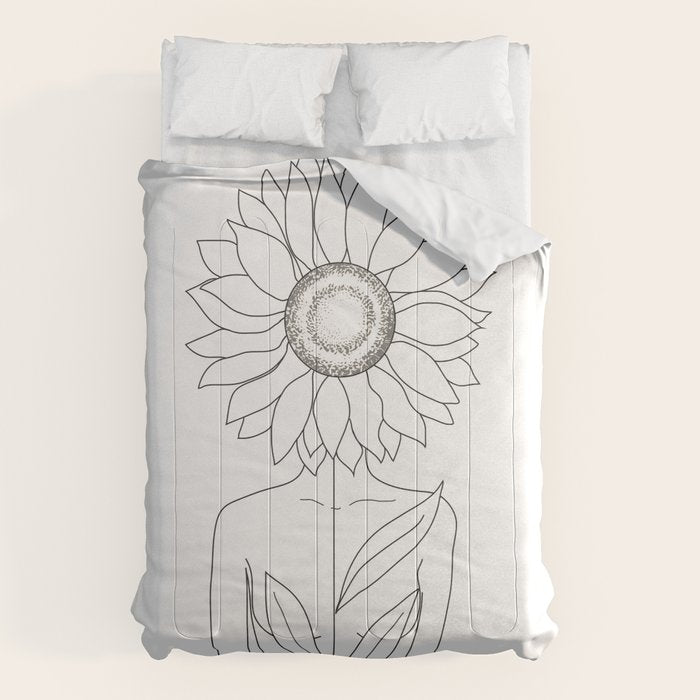 Minimalistic Line Art Of Woman With Sunflower Comforter