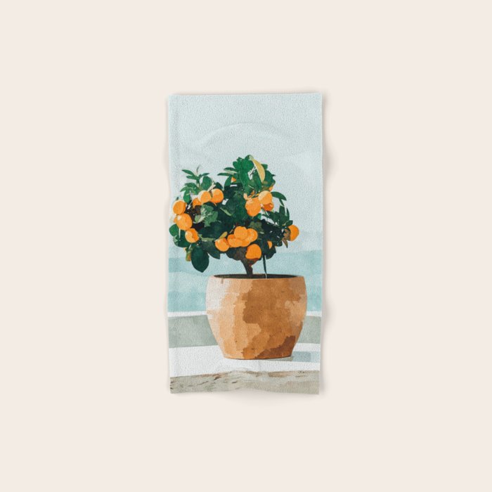Orange Tree, Plant Pot Nature Botanical Bonsi Illustration, Modern Simple Bohemian Painting Bath Towel