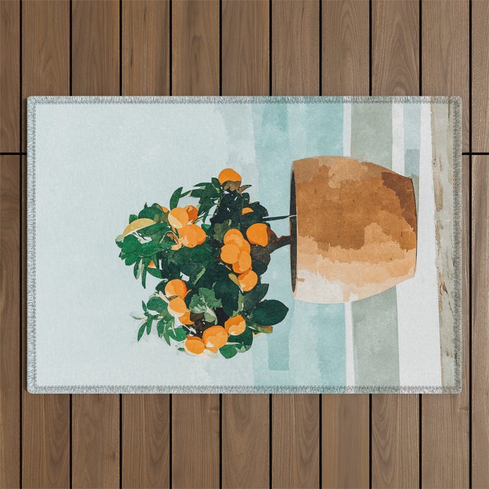 Orange Tree, Plant Pot Nature Botanical Bonsi Illustration, Modern Simple Bohemian Painting Outdoor Rug
