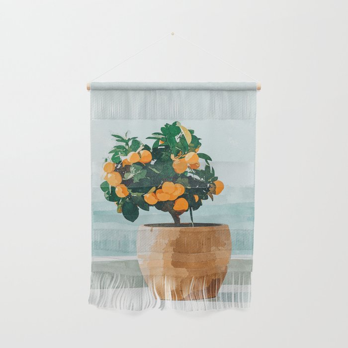 Orange Tree, Plant Pot Nature Botanical Bonsi Illustration, Modern Simple Bohemian Painting Wall Hanging