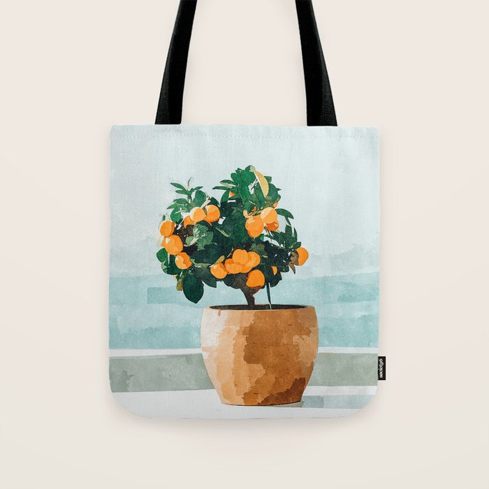 Orange Tree, Plant Pot Nature Botanical Bonsi Illustration, Modern Simple Bohemian Painting Tote Bag