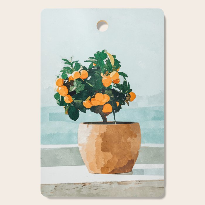 Orange Tree, Plant Pot Nature Botanical Bonsi Illustration, Modern Simple Bohemian Painting Cutting Board