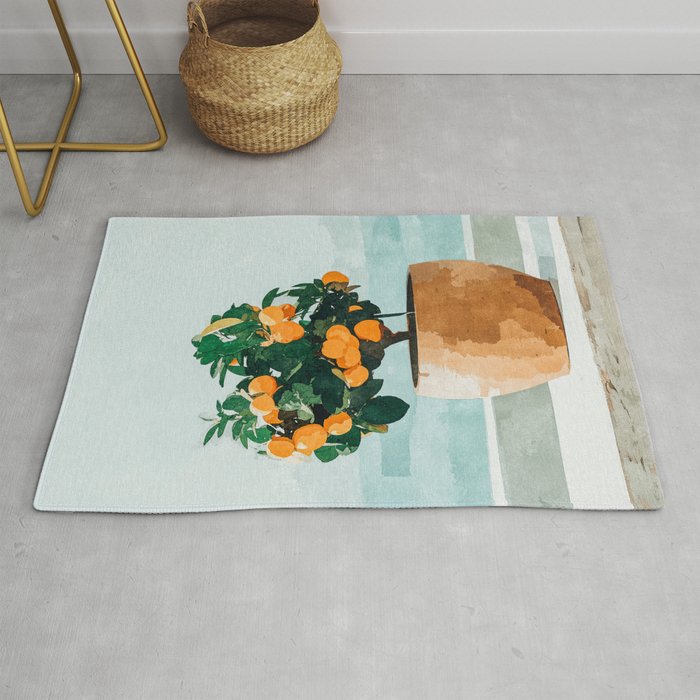 Orange Tree, Plant Pot Nature Botanical Bonsi Illustration, Modern Simple Bohemian Painting Rug